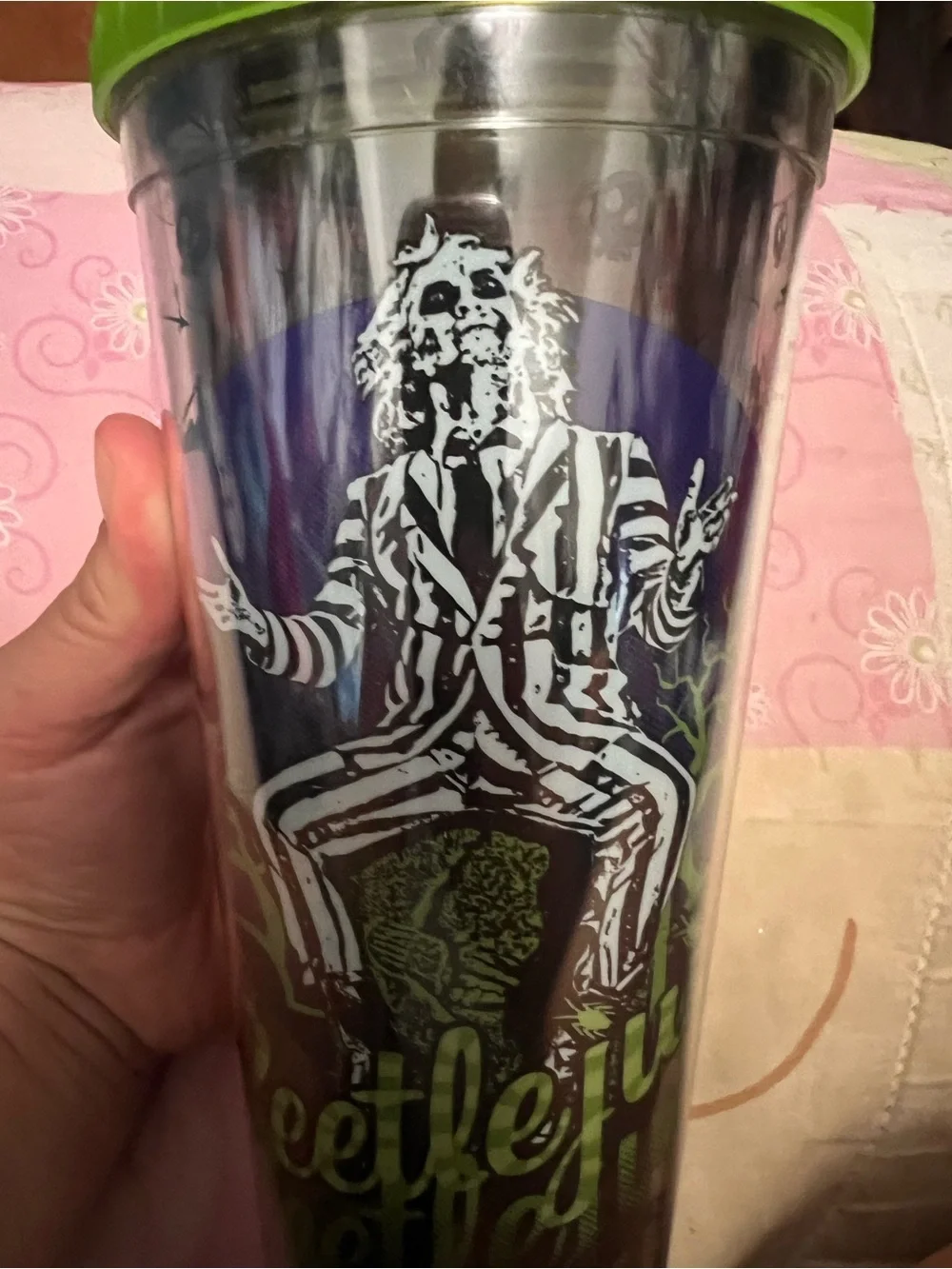 Beetlejuice Graphic Travel Tumbler with Lime Green Lid